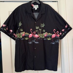 Vintage KY's Black with Pink Flamingos Camp Shirt Mens 2XL Made in Hawaii USA